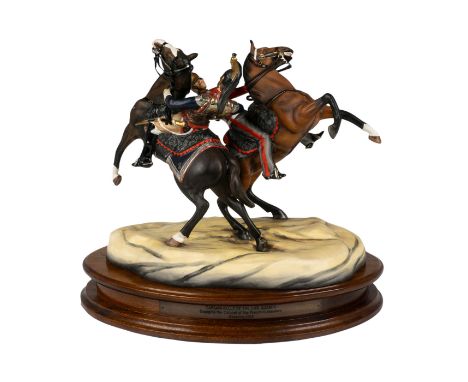 Hand painted and highly detailed figurine grouping. Captain Kelly, First Life Guards cavalry regiment engaging the Colonel of