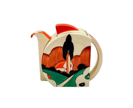 A hand painted Art Deco covered teapot decorated with an abstract landscape. Clarice Cliff for Newport Pottery backstamp. Art