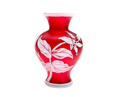 Striking ruby red opaque glass with floral, leaf and butterfly design in white raised relief. Webb mark on bottom. Dimensions