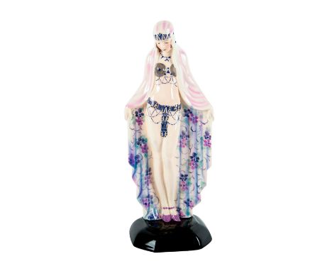 Lavender and blue coloration; glazed. Dancer dressed in long floral robe. Goldscheider backstamp.Age related crazing. #exotic