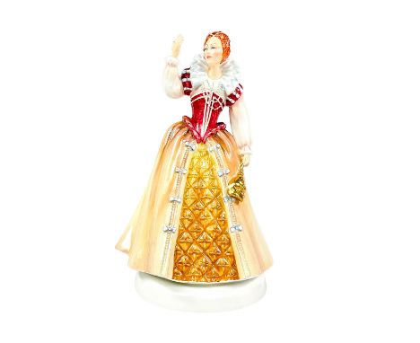 Bone china colorway modeled as the Queen dressed in elegant attire holding a gold mask. Royal Doulton backstamp. The Property