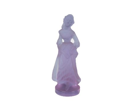 A beautiful lilac pressed glass figure of a woman in a gown holding a fan. R. Lalique acid marking on the base. Dimensions: 2