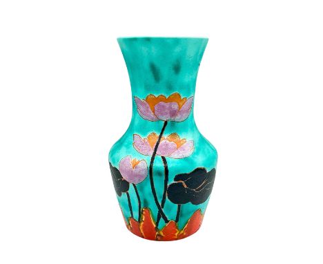 A hand painted Art Deco ceramic vase adorned with lotus blossoms with bold, rich colors. Clarice Cliff for Newport Pottery ba