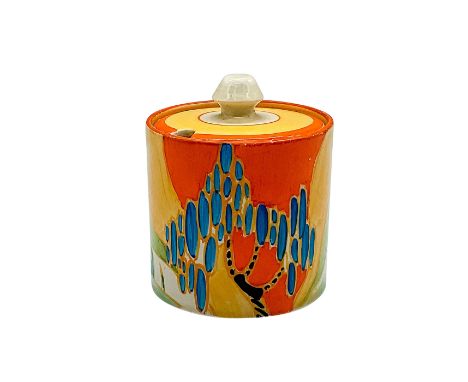 A colorful hand painted Art Deco covered sugar bowl decorated in an abstract floral and tree design. Clarice Cliff for Newpor