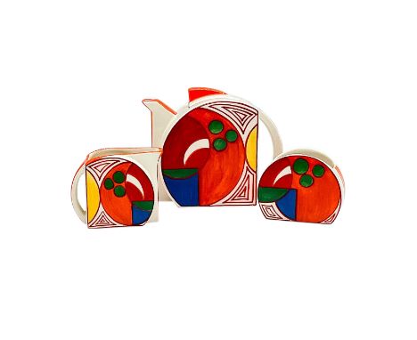 Created for Clarice Cliff 1899-1999 Centenary Collection. Hand painted earthenware tea set decorated in a colorful Art Deco g