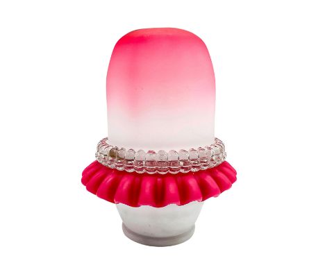 White satin glass cased over pink and white glass dome and round ruffled base with intermediate clear lamp and candle cup. Is