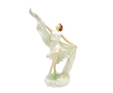 Figure of a young lady in a white dress dancing with a white cloth.Royal Worcester backstamp. Artist: Maureen HansonIssued: 2