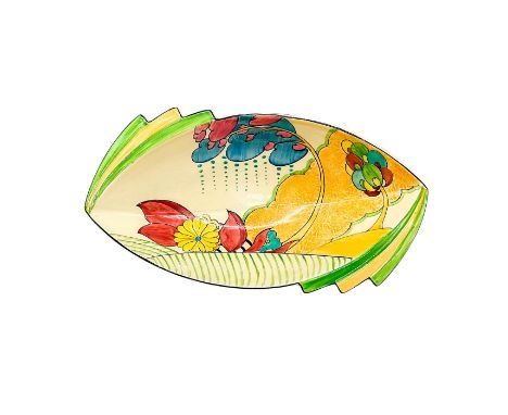 A hand painted Art Deco ceramic pointed oval shaped bowl decorated in an abstract geometric flowers in a colorful palette. Cl