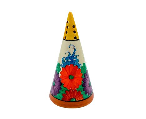 A colorful hand painted Art Deco cone shaped sugar shaker decorated with flowers. Clarice Cliff for Newport Pottery backstamp