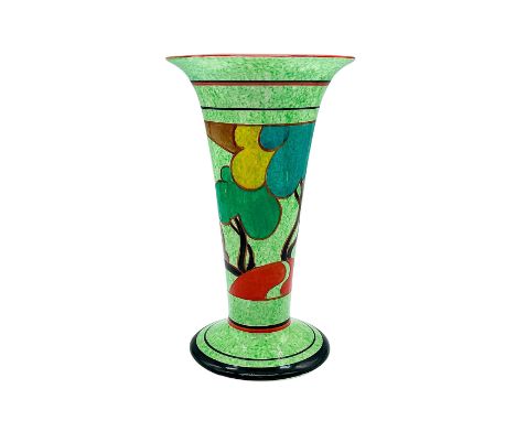 A hand painted Art Deco vase decorated in an abstract geometric landscape in a colorful palette. Clarice Cliff for Newport Po