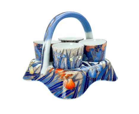 Beautiful set of 4 sake cups with handled caddy in fine porcelain. Decorated with multicolored irises and embellished with ha