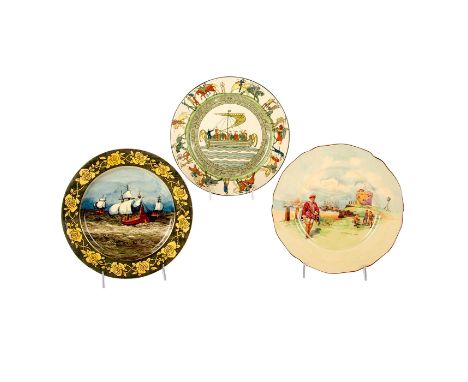 Three glazed series ware plates. D5940 Plymouth Hoe, part of the Historic England series. D2873 Bayeux Tapestry 'of Queen Mat