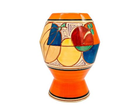 A hand painted Art Deco vase decorated in an abstract geometric fruits in a colorful palette. Clarice Cliff for Wilkinson bac