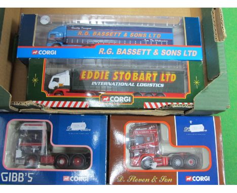 Four Corgi Diecast Model Commercial Vehicles, including 1:50th scale #CC12904 Scania Topline tractor unit,D. Steven and Son o