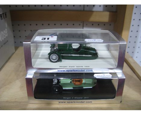 Two Spark Model 1:43rd Scale Diecast Model Morgan Cars, including Morgan Three Wheeler 2011, Morgan Super Sports 1935, boxed.