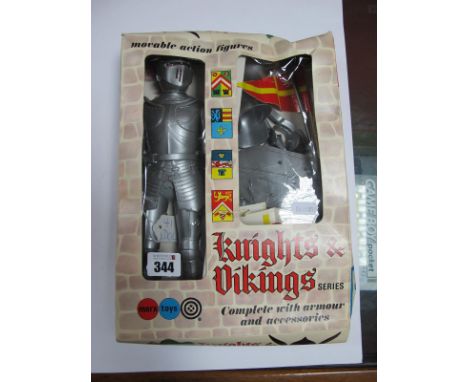 A 'Sir Roland' Knight Action Figure, by Marx Toys, appears little used with accessories, unchecked, boxed, crushing to box.