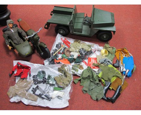 A 1970's Eagle Eye Action Man, a quantity of Quartermasters Stores/Charbens Motor Cycle and Action Man Landrover all playworn