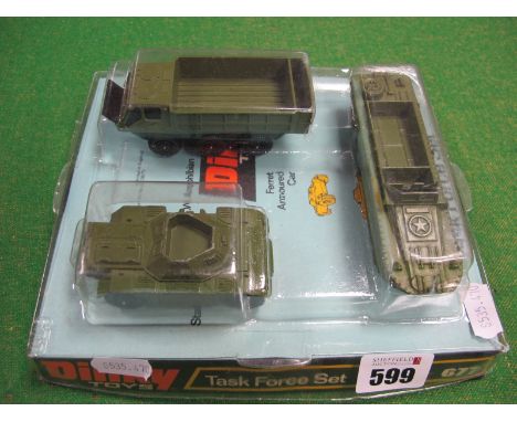 Dinky Toys #677 Diecast Model Task Force Set, comprising of Ferret Scout Car,Stalwart DUKW amphibian, all with Army green pai