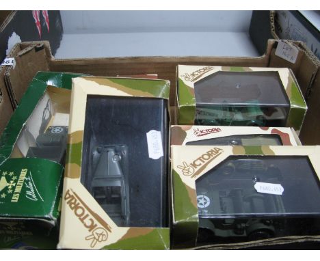 Six Diecast Model Military Vehicles, by Victoria, Solido, including VW Beetle, Mercedes 17OV, boxed, some damage to packaging