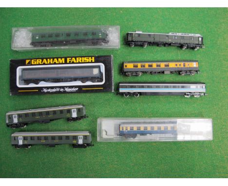 Eight "N" Gauge Loose and Cased Coaches, by Lima, Trix, Grafar and Bachmann, Continental outline SBB/CFF and DB Railway; cond