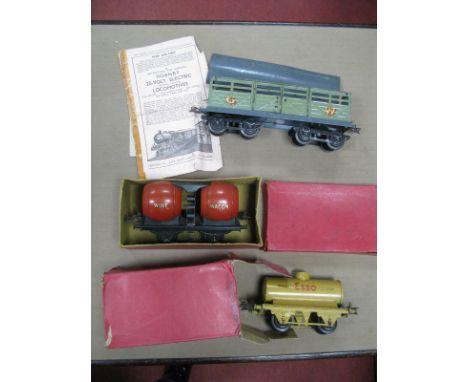 Three Items Hornby "O"Gauge/7mm Pre-War Rolling Stock, a No 2 G.W cattle truck, unboxed, fair, a No 1 "Esso" tank wagon, crea