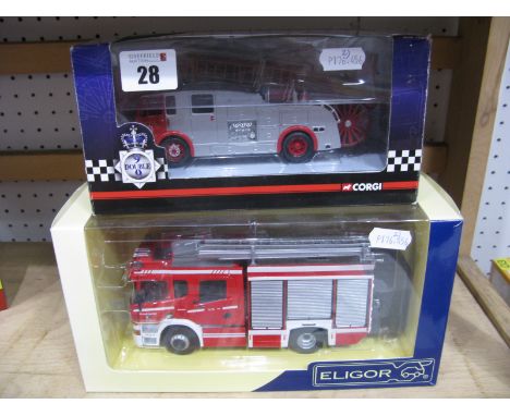 Two Diecast Model Fire Service Vehicles, including Eligor 1:43rd scale #114213 Scania double Cabine Alufire 3  Allemand (Cami
