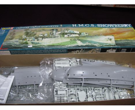 Revell 1:72nd Scale Flower Class Corvette H.M.C.S. Snowberry Plastic Model Kit, many parts in unopened bags, decal sheet, lit