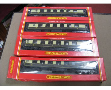 Four Hornby ''OO'' Gauge/4mm Boxed GW Brown/Cream Pullman Coaches; Ref No 223 1st composite (3) and Ref No. R233 brake/3rd; v