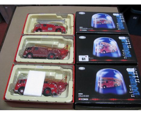 Three Corgi 'Nine Double Nine' 1:50th Scale Diecast Model Fire Service Vehicles, including #CC13006 Dennis F12 pump ladder Ha