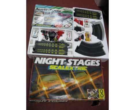 Two Scalextric Slot Car Racing Sets, comprising of Night Stages Ford Escort XR3i Two Car Set, Austin Rover MG Metro Turbo, tw