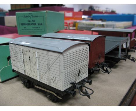 Six Hornby 'O' Gauge/7mm Boxed Items of No. 50 Post War Rolling Stock, Hopper Wagon, Low Side Wagon, Goods/Brake Van, Refrige