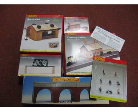 Five Hornby "OO"Gauge/4mm Boxed Trackside Items, R 180 viaduct R 657 bridge, R 8000 county station, R 8002 goods shed and R 8