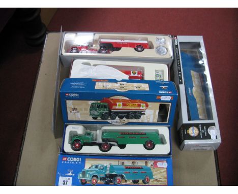 Three Corgi 1:50th Scale Diecast Model Vehicles, including #51002 Mack LJ semi skirted tanker 'Flying a Gasoline' #24203 Leyl