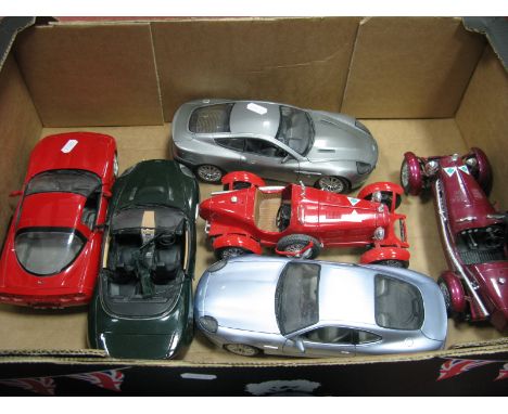 Six 1:18th Scale Diecast Model Cars, by Burago, Minichamps, Maisto, The Beanstalk Group, including Chevrolet Corvette C5, mod