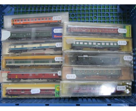 Eleven ''N'' Gauge Cased Continental Outline Items of Rolling Stock/Coaches, by Minitrix, Fleischmann, Roco etc. Overall cond