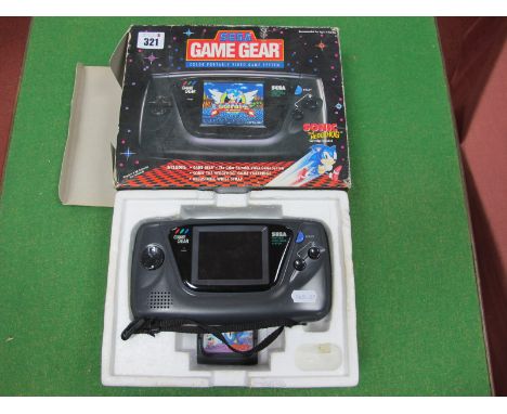 Sega Game Gear Portable Video Game System, instruction manual, Sonic The Hedgehog game, cartridge, boxed, untested.