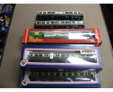 Four ''OO'' Gauge/4mm Boxed Great Western Coaches; Bachmann Ref No's 34-075, 34-100 and 39-179 MK1 full brake.- Hornby Ref R4