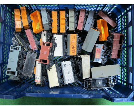 Thirty Hornby Dublo Items of Unboxed 2/3 Rail Rolling Stock, tank wagons (two), open wagons (eleven), box vans, cable wagon, 