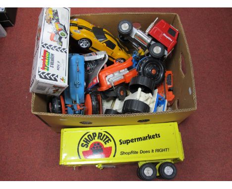 A Tinplate Tractor and Trailer, made in Czech Republic, boxed, three Marx plastic tractors, playworn, among associated items.