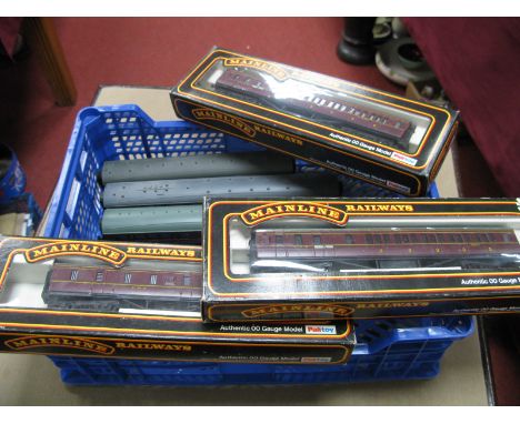 Six ''OO'' Gauge/4mm LMS Maroon Coaches- Mainline boxed brake/3rd (2) and Ref 37118 Parcels Van- Mainline unboxed 1st/3rd - H