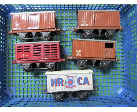 Five Hornby 'O' Gauge/7mm Post War Unboxed Items of Rolling Stock, Cattle Wagon, Brake/Goods Van, two LMS 12T Closed Vans. Pl