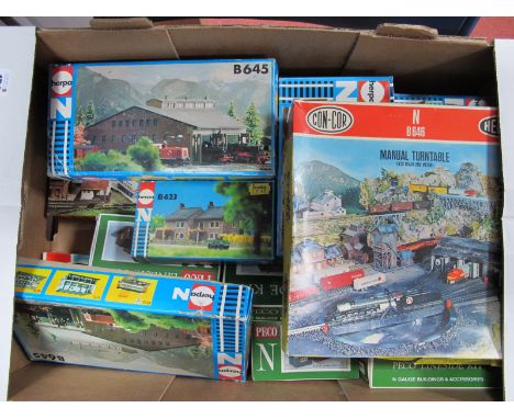 A Quantity of 'N' Gauge Plastic Lineside Buildings Kits, by Herpa, Peco, Faller, Heljan, including Heljan, Manual Turntable, 