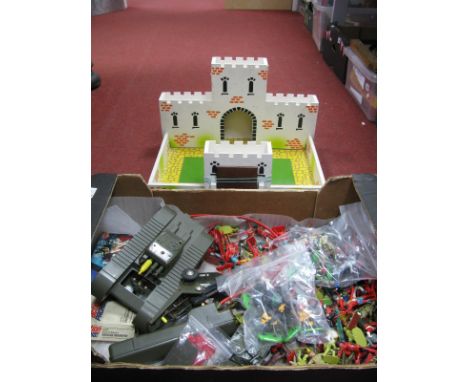 A Quantity of Plastic Model Figures, including soldiers, cowboys, indians, knights; together with a toy wooden fort, playworn