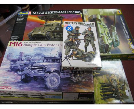 Five Plastic Model Kits, by Revell, Gragon, Zveda, Tamiya, including Dragon 1:35th scale M16 multiple gun motor carriage, Zve