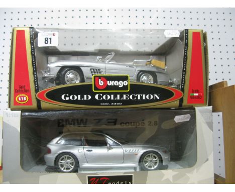 Two 1:18th Scale Diecast Model Cars, comprising of UT Models BMW Z3 Coupe 2.8, Burago Gold Collection #3343 Mercedes Benz 300