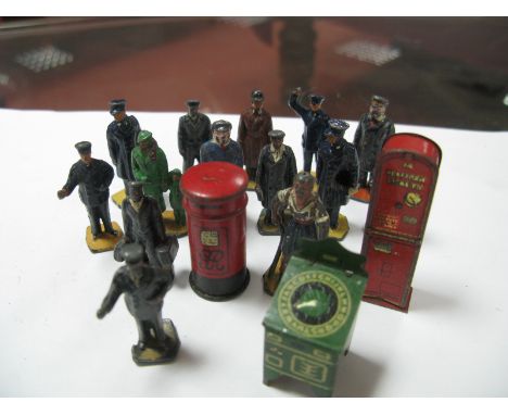 A Quantity of Mainly Pre-War Hornby 'O' Gauge Station Figures and Three Station Accessories, playworn.