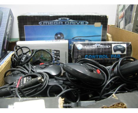 Sega Game Gear Gaming Console, several controllers, boxed arcade power stick, cables, Sonic The Hedgehog 2 and FIFA 95 soccer