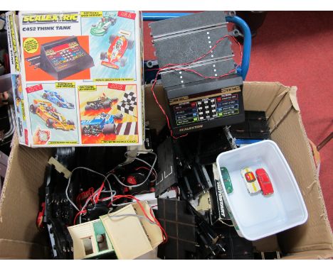 A Quantity of Slot Car Racing Accessories, by Scalextric, Tri-ang, including track, cars, #C452 Think Tank, Trackside Buildin