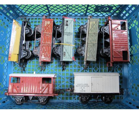 Seven Hornby 'O' Gauge/7mm Post War Unboxed Items of Rolling Stock, three Open Wagons, "Trinidad" Tipper, Refrigerator Van an