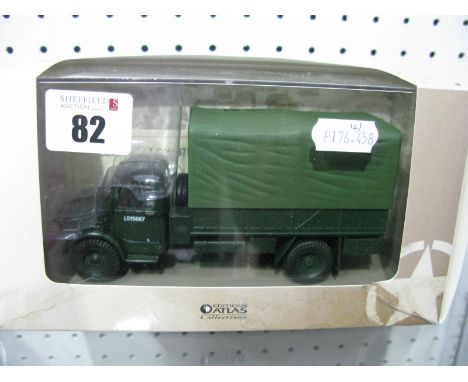 Atlas Edition 1:43rd Scale Diecast Model Military Bedford Truck, boxed (sellotape repair to box), together with three clear c